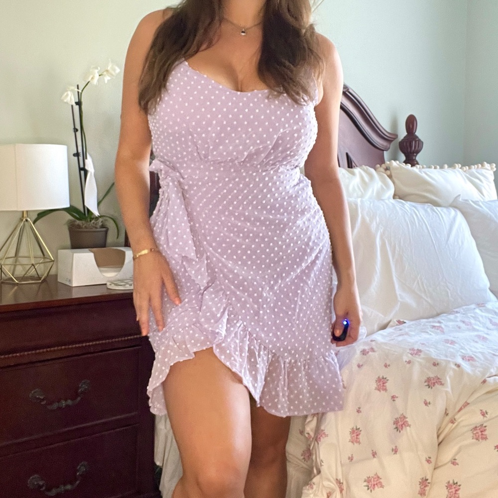 NWOT lilac polkadot mini dress with front tie